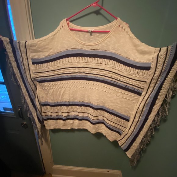 White & Multicolored Blue Poncho - Picture 3 of 3